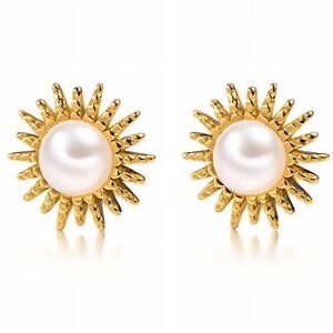 Elegant Gold and Pearl Sunburst Earrings EARRINGS, 18K GOLD PLATED STEEL WATERP